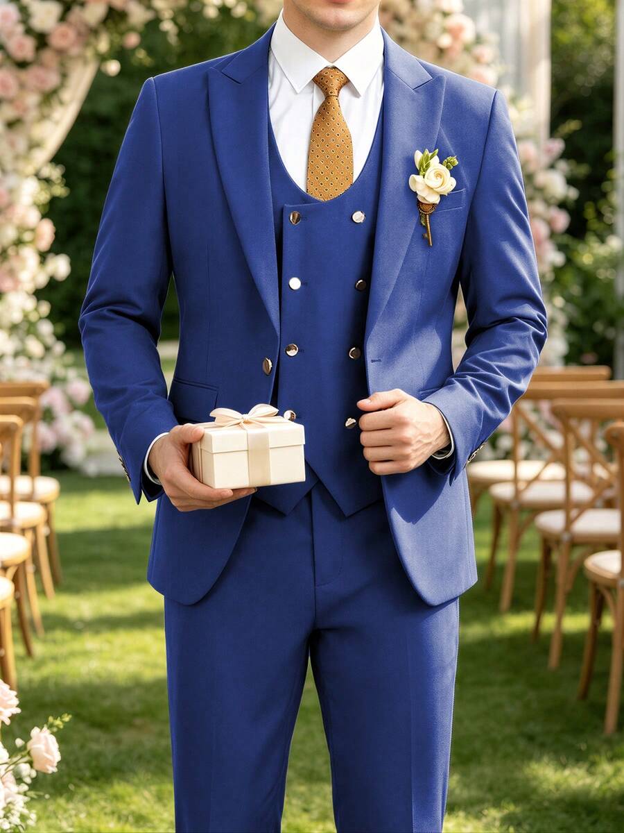 Men's Suits Slim Fit 3 Pieces Suit Set For Men Peak Lapel Blazer Double Breasted Vest Pants Prom Wedding Business Party Royal Blue Fall Winter Gift - 寶藍色 - 查看 1