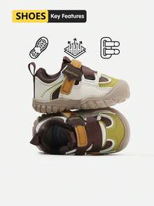 1 Pair Unisex Toddler Color Block Outdoor Hook&Loop Sneakers, Anti-Collision Anti-Slip Sole, Casual Walking Shoes(Size By Insole Cm) - Khaki - View 1