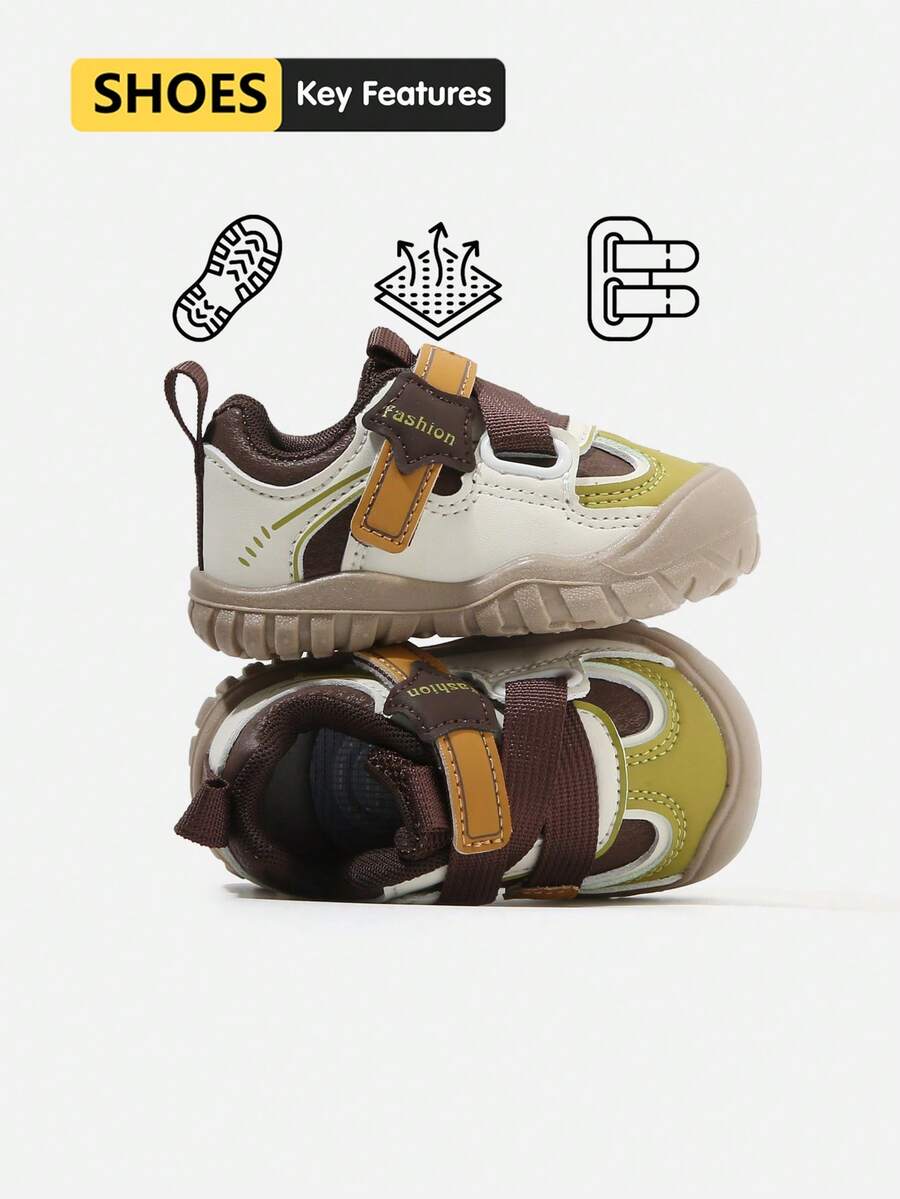 1 Pair Unisex Toddler Color Block Outdoor Hook&Loop Sneakers, Anti-Collision Anti-Slip Sole, Casual Walking Shoes(Size By Insole Cm) - Khaki - View 1