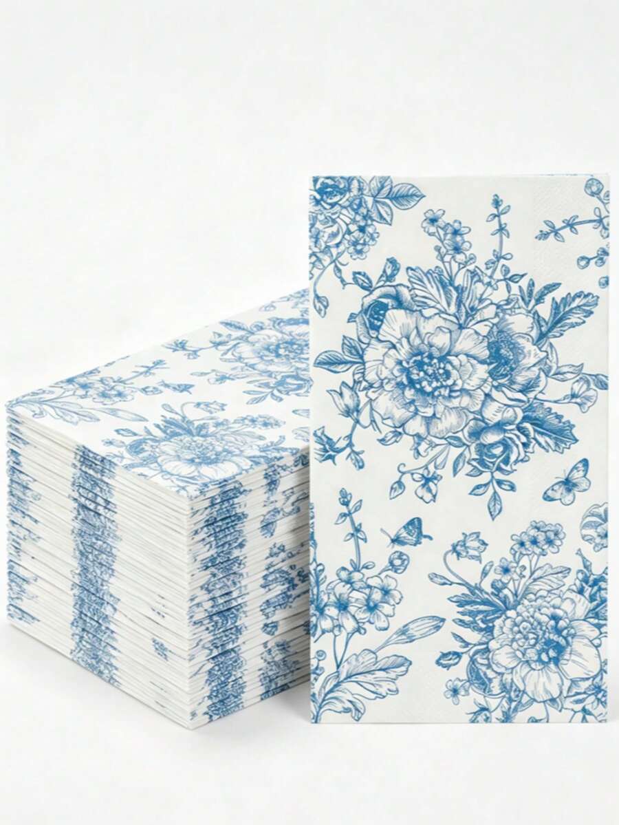 20 pièces/40 pièces/60 pièces Serviettes en papier carrées bleu rouge blanc motif floral vintage, serviettes de table jetables décoratives papillon fleur, serviettes imprimées style français chinois faites à la main, convient pour usage quotidien, mariage, cuisine et décoration de fête de mariage - Carré - Voir 1