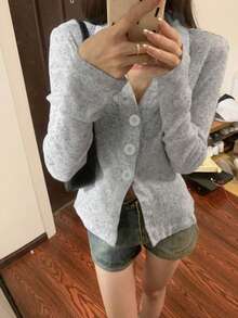 Women's Autumn Vintage Slim-Fit Flattering Grey Thin Waist-Cinching Long Sleeve Sun Protection Top - Grey - View 2