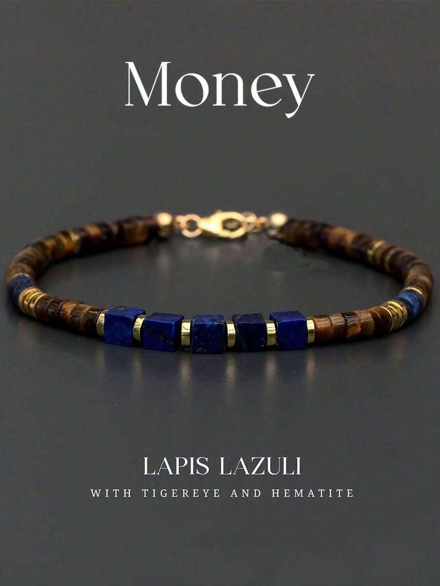 Money Casual Style Lapis Lazuli/Tiger Eye/Hematite Men's Beaded Bracelet, Attracts Wealth, Abundance And Prosperity, Suitable For Daily Wear - Multicolor - View 1