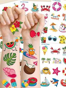 STARTTOOS 5 Sheets 60 Patterns Summer Beach Hawaii Vacation Temporary Tattoo Stickers, Birthday Party Christmas Gift Event Holiday Party Kids Tattoo Set - Multicolor - View 1