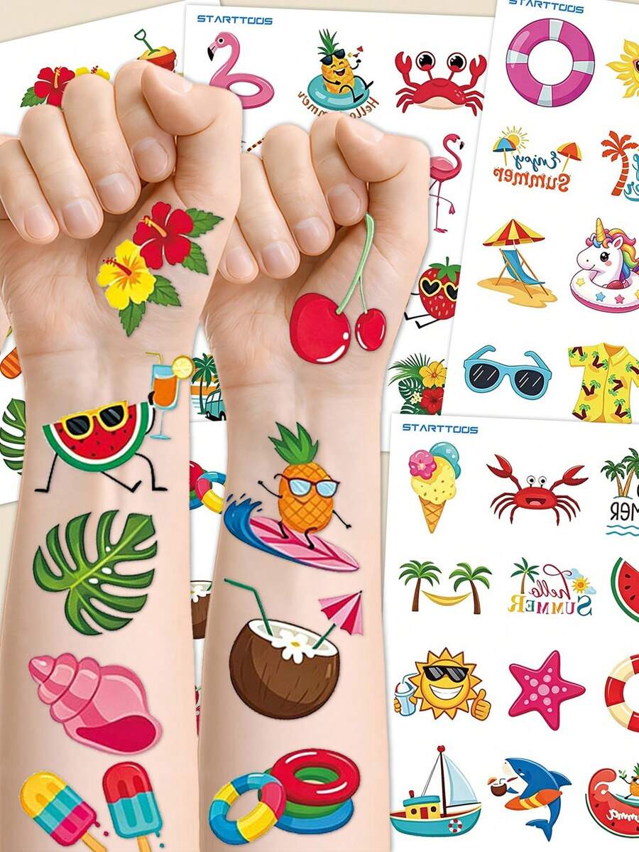 STARTTOOS 5 Sheets 60 Patterns Summer Beach Hawaii Vacation Temporary Tattoo Stickers, Birthday Party Christmas Gift Event Holiday Party Kids Tattoo Set - Multicolor - View 1