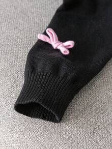 Girls Cute Solid Color 3D Bow Short Knit Cardigan Sweater, Suitable For Casual Daily Wear In Spring And Autumn - Black - View 6