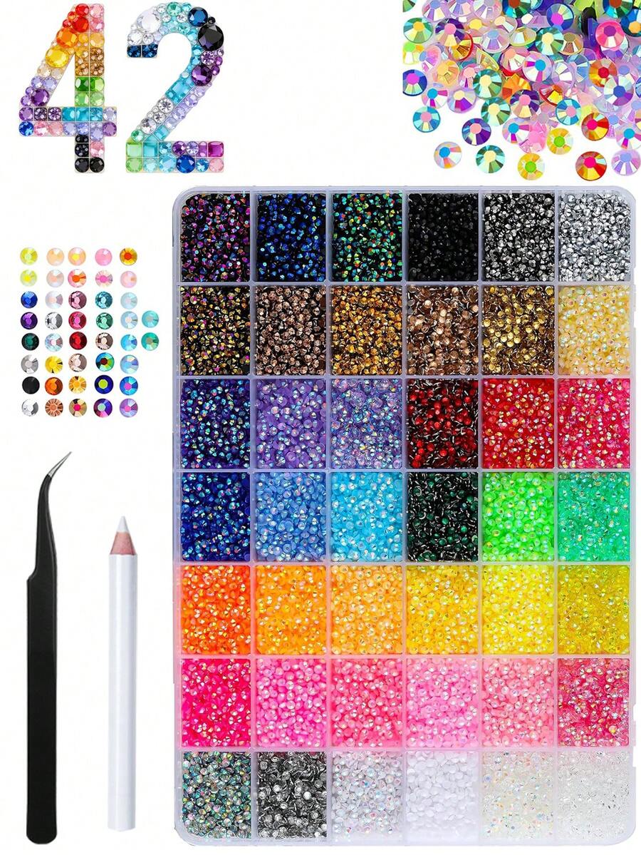 Kit Hiasan Rhinestone 42 Warna, Rhinestone Resin Jelly DIY Berwarna-warni, Kit Hiasan Permata Datar 3mm dengan Pinset, Untuk Kerajinan Pakaian - MultiWarna - View 1