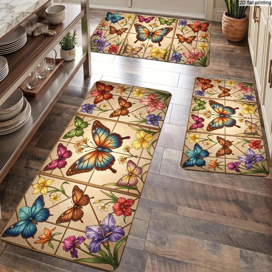 Kitchen Floor Mats With Vibrant Butterflies& Assorted Flowers Pattern, Decorative Kitchen Rugs Kitchen, Entryway, Porch, Bedroom, Living Room, Home Use Vibrant Butterflies And Assorted Flowers In A Tiled Decorative - Multicolor - View 1