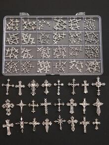 24-Grid Box/120pcs Bulk Mixed Vintage Rhinestone Cross Metal Nail Art Charms, Punk Style Silver Cross 3D Nail Decor Accessories DIY Rhinestone Decoration Set - Multicolor - View 2