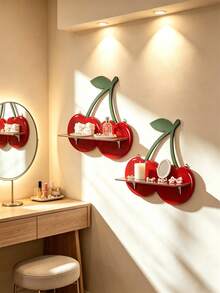 2pcs/Set Cherry Shaped Wall-Mounted Floating Shelf Set, Red Cherry Decor With Green Stem And Pink Fruit Home Decor Set, Bohemian Elegant Style Jewelry & Cosmetics Storage Rack, Easy Installation, Suitable For All Seasons, Perfect For Living Room, Bedroom, Bathroom, Vanity, Closet, Home Decor, Living Room Decor, Room Decor, Christmas Decor, Ramadan Decor, Perfect Gift, 1pc - Multicolor - View 6