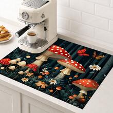 1pc Colorful Mushroom Kitchen Countertop Mat, Black Floral Pattern Diatomaceous Earth Absorbent Drainage Mat, Non-Slip Coffee Machine Mat And Dish Drying Mat - Multicolor - View 2