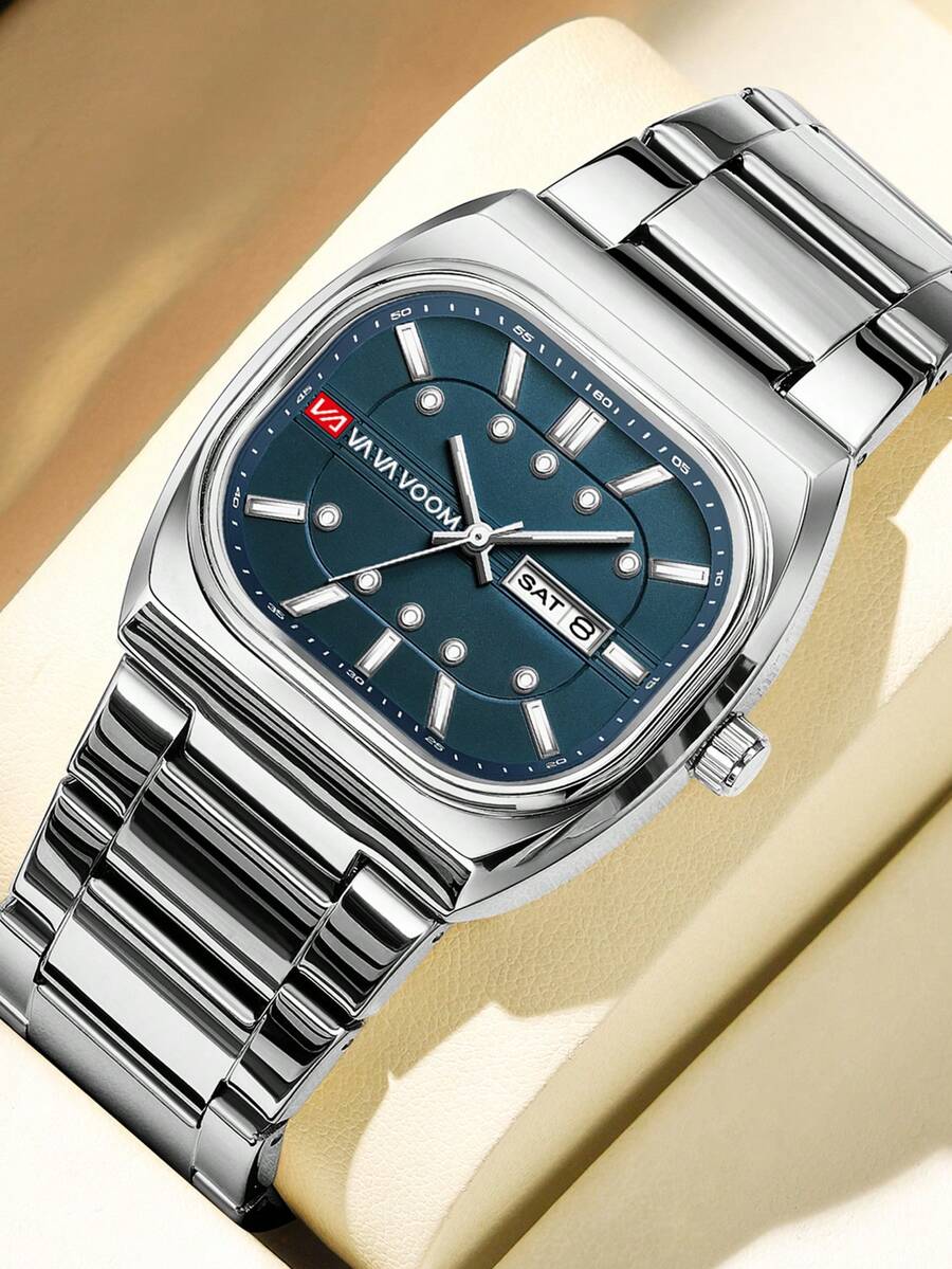 男士手錶 40mm 方形錶殼 雙日曆錶盤 雙色不鏽鋼錶帶 螢光刻度 奢華商務風格 時鐘 3Bar 防水 適合男士假期禮物、日常通勤裝飾、正式場合、戶外運動 VA VA VOOM 品牌原裝男士腕錶