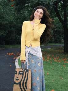 [Y6Y]Women's Solid Color Button-Up Cardigan, Long Sleeve Slim Fit Knit Jacket, Autumn - Yellow - View 4
