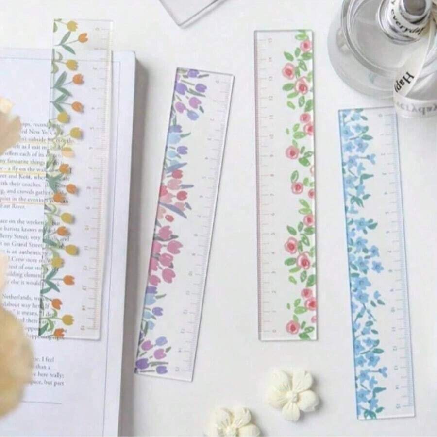 4pcs Floral Pattern Vinyl Rulers - 15.01cm Transparent Measuring Tool, Colorful Floral Design, Centimeter Precision, Suitable For School And Office, Back To School Floral Ruler, Elementary School Ruler, 15cm Multi-Function Acrylic Ruler, Transparent Drawing Ruler, Back To School Essential - Sets - View 1