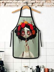 2Pcs Zombie Bride Day Of The Dead Apron Set, Spooky Cute Corpse Bride Floral Crown Kitchen Apron, Gothic Sugar Skull Catrina Cooking Apron, Halloween Wedding Chef Apron For Baking Grilling - Multicolor - View 6