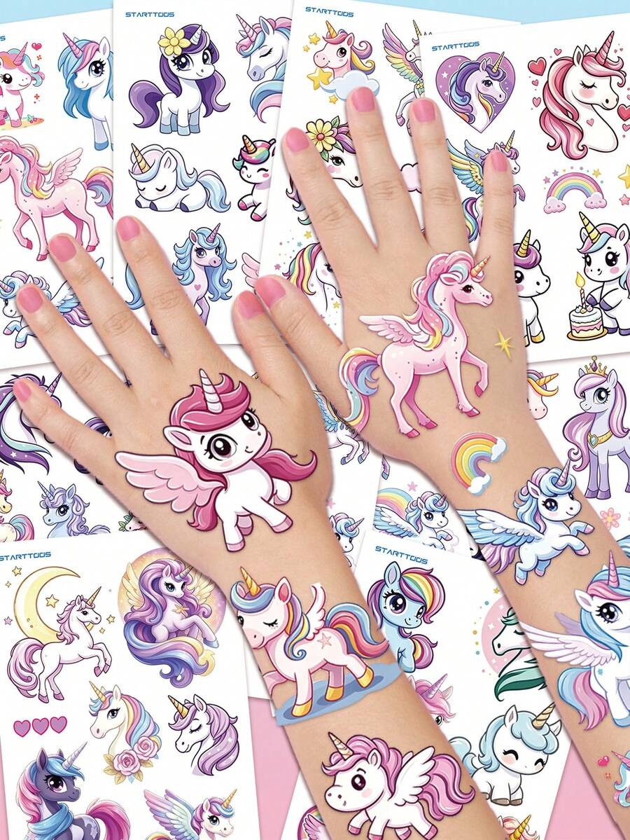 STARTTOOS 10 Sheets 57pcs Unicorn Temporary Tattoo Stickers, Cute Cartoon Waterproof Glitter Rainbow Unicorn Balloon Star Design Pattern Birthday Party Christmas Gift Event Holiday Party Set - Multicolor - View 1