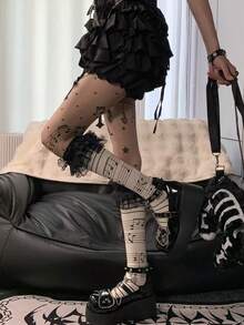 1/2 Pairs Punk Dark Lolita Skull Lace Trim Mid-Calf Socks Y2K Sweet Cool Hot Girl Slimming Slouch Socks Back To School - Multicolor - View 3