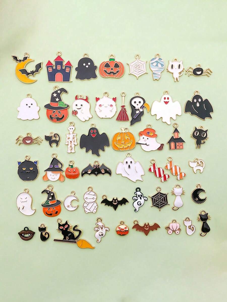 10/20/30/50pcs Random Enamel Halloween Pendants, Ghost Pumpkin Witch Metal Charms, DIY Earrings Necklace Keychain Jewelry Making - Multicolor - View 1