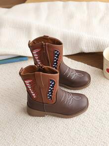 Western Cowboy Boots With Embroidery Side Zipper, Girls' Ankle Ankle Boots, Low Thick Heel Leather Princess Boots - Brown - View 6