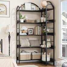 Estantería esquinera tipo L con arco – Librero industrial de 5 niveles – Marco metálico estable y estante amplio – Ideal para oficina, sala o dormitorio – Independiente, fácil de colocar - Negro - Ver 2