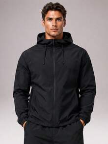 CZRLHYT Men's Hooded Drawstring Soft Shell Jacket Versatile For Sports & Casual Wear, Front Large Pocket, Ideal For Daily Outdoor Outfitsrendy All-Match - Black - View 5
