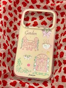 Cute Garden Butterfly Pattern Rhinestone Texture Phone Case, Compatible With IPhone 17 Pro Max 17 Pro 16 Pro Max 16 Pro 15 Pro Max 15 Pro 14 Pro Max 14 Pro 13 Pro Max 13 Pro 14 15 16 Plus 13 15 17, Light Pink Gradient Floral Coffee Cup Design Back Cover - Garden Butterfly - View 2