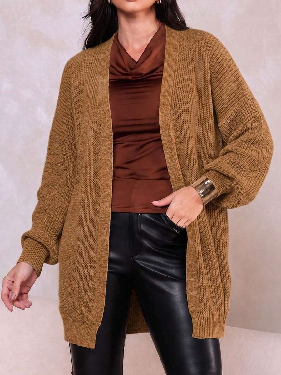 Women's Basic Knitting Mousse Puff Sleeve Cardigan - Camel - View 1