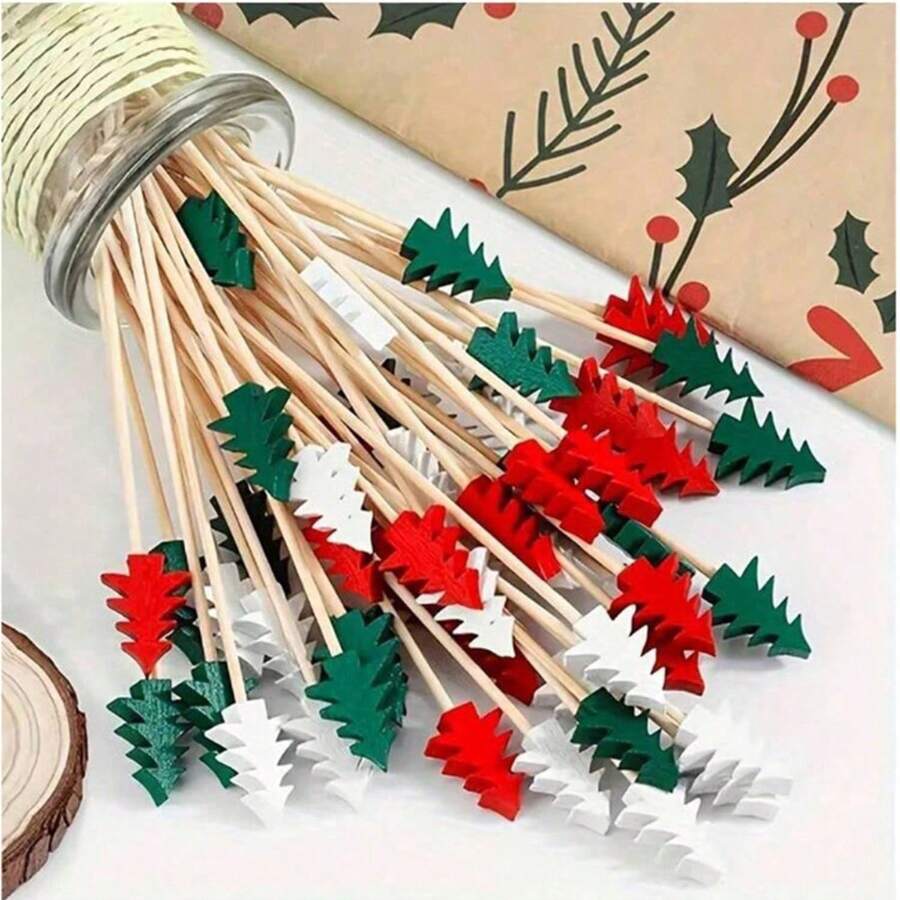 3/10/20/30/50/100/200pcs 3-Color Christmas Tree Bamboo Skewers, Cartoon Tree Shaped Cake Toppers, Fruit Platter Cold Appetizer Dessert Decoration, Christmas Party Table Atmosphere Decor - Multicolor - View 1