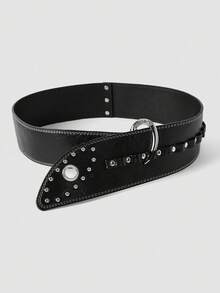 MortiRose 1pc Solid Color Punk Street PU Leather Heavy Rivet Curved Hook Rhinestone Chain Belt, Y2K American Baddie Fashion Punk Retro Style Waist Belt - Black - View 13