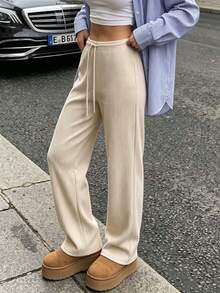 Elegant Women's Casual Wide Leg Pants, Elastic Drawstring Loose Straight Leg Long Pants, Daily Home Leisure Trousers - Apricot - View 6