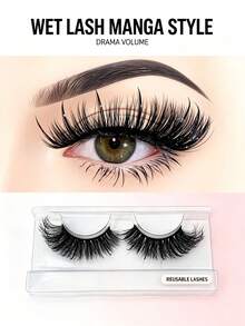 1對 Wet Lash 漫畫風假睫毛，尖銳蓬鬆仿貂毛條狀睫毛，顯眼豐盈可重複使用，適合 Cosplay 眼妝 (N2) - 黑色 - 查看 3