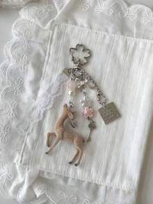 Dedoo Móc khóa mặt treo hình hươu, charm túi nơ ren ngọc trai, dây treo ba lô cỏ ba lá phong cách ngọt ngào Hàn Quốc, quà tặng phong cách Y2K cho nữ - Nhiều màu - Xem 3