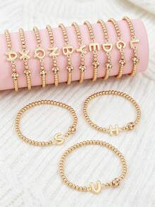 1Pc A-Z Letter Beaded Stretch Bracelet, Rhinestone Ball Charm Alphabet Elastic Bracelet, Personalized Stackable Bead Hand Jewelry For Girls Daily Gift - Multicolor - View 1