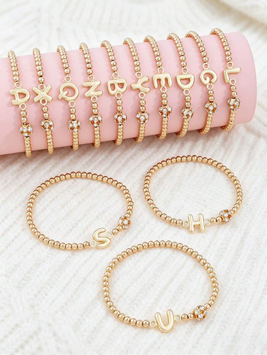 1Pc A-Z Letter Beaded Stretch Bracelet, Rhinestone Ball Charm Alphabet Elastic Bracelet, Personalized Stackable Bead Hand Jewelry For Girls Daily Gift - Multicolor - View 1
