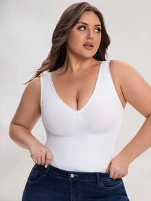Women's Plus Size Shaping Tank Top, White V-Neck Seamless Tummy Control Camisole - White - View 2