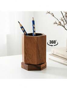 Walnut Rotating Pen Holder And Cup - 360° Rotating Base, Walnut Desktop Organizer, Polished Finish, Dual-Purpose Pencil And Makeup Brush Storage, Suitable For Office, School, Home, Minimalist Vintage Desktop Accessory - Multicolor - View 3