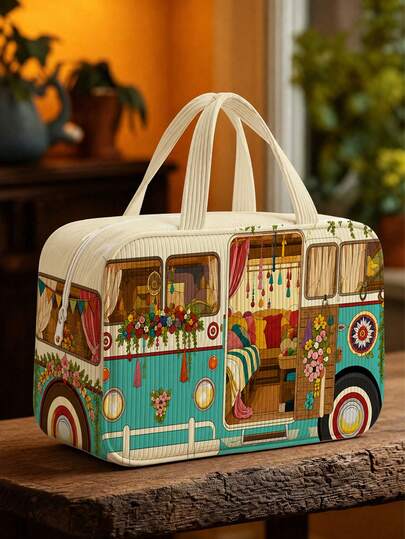 New "Flower Bus" 2D Pattern Tote Bag, Makeup Bag, Toiletry Bag, Travel Organizer Bag, Lightweight Portable Handheld Travel Makeup Storage Bag, Toiletry Bag, Fresh Daily Storage Bag, Outdoor Travel Luggage Storage Bag, Yoga Fitness Bag, Travel Luggage Organizer Bag, Portable Compact Style, Corduroy Material, Flower Bus Print Decoration, Top Handle Makeup Bag, Minimalist Casual Large Capacity Commuter Bag, Fashion Polka Dot Shoulder Handbag, Suitable For Daily Wear