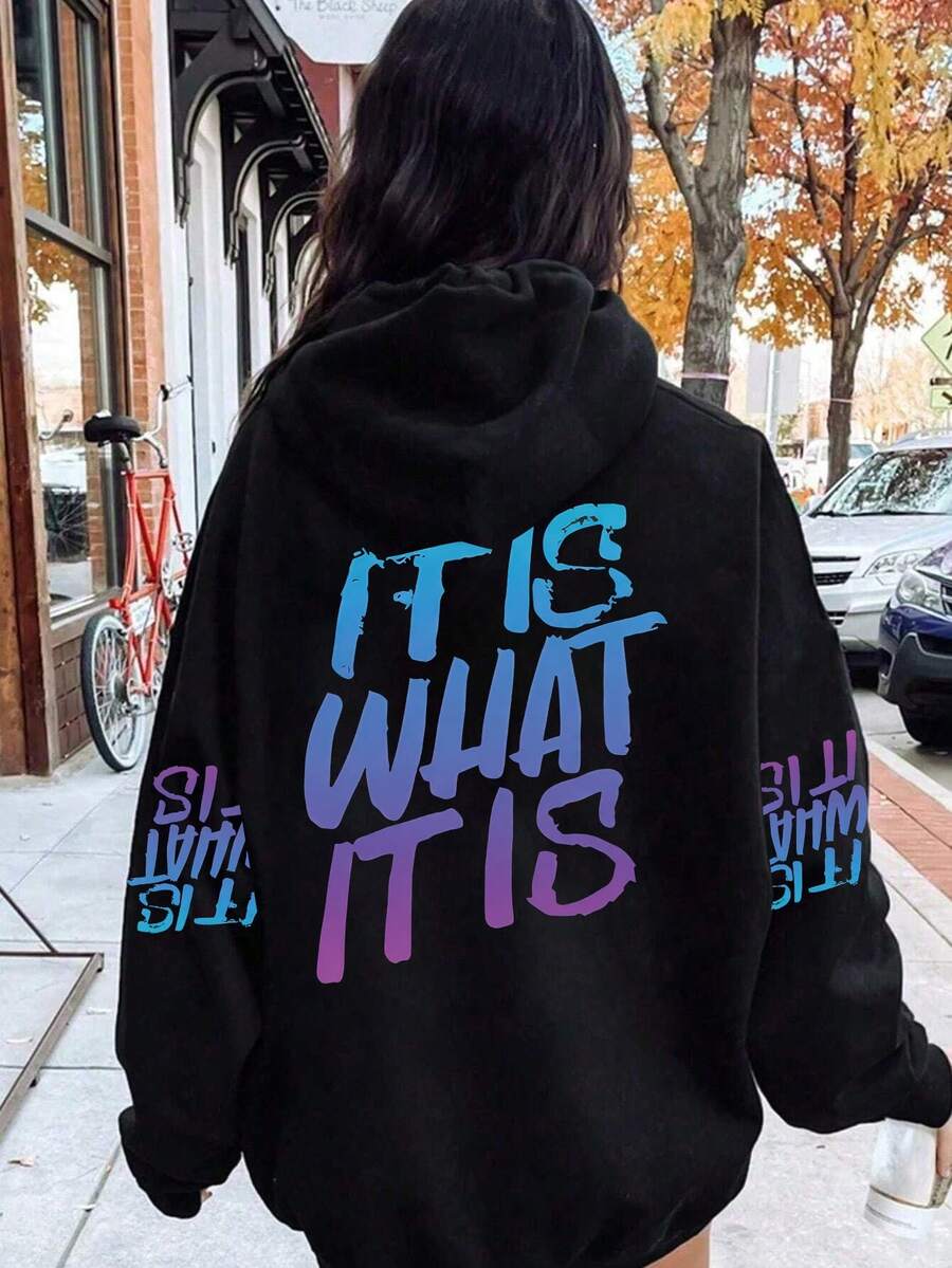 大尺碼女款漸層「This Is Life」圖案寬鬆休閒連帽衛衣,秋冬穿著,冬季服飾,秋季黑色 - 黑色 - 查看 1