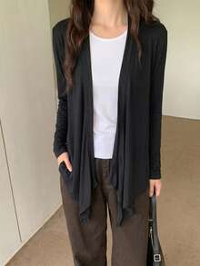 Black Asymmetrical Mid-Length Jacket Women's Summer New Slouchy Design Long Sleeve - Black - View 4