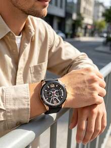 1pc Fashion New Men's Leather Strap Chronograph Mechanical Watch - Silver - View 8