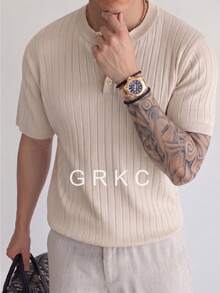 GRKC Men's Henley Collar Short Sleeve Knit Fabric Slim Fit Commuter Style Vertical Ribbed Solid Color Knit Top Spring/Summer - Apricot - View 2