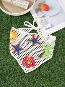 1件亮眼熱帶風貼花頭巾，奶油白海星與椰子樹圖案針織髮帶，女款趣味繫帶式頭巾，夏季與初秋日常百搭造型配件 - 彩色 - 查看 10