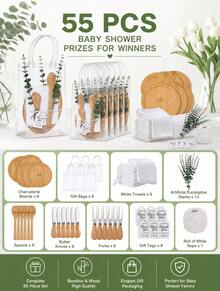 55Pcs Gift Sets 6 Sets Bamboo Charcuterie Board Spoon Butter Knife Fork Towel Artificial Eucalyptus Clear Gift Bag Thank You Tag Gender Reveal Newborn Party Guest Favors - View 3