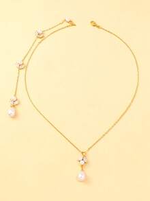 outingfit 1pc Gold Zirconia Leaf Pearl Back Necklace, Bridal Wedding Dress Backless Dress Water Drop Pendant Back Chain Body Accessory - Geometric - View 9