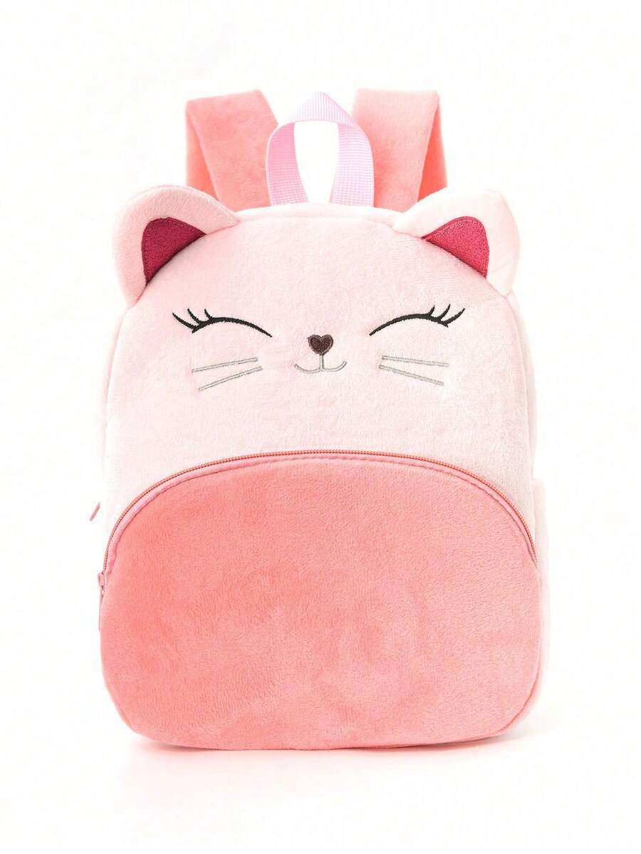 1pc Cute Cartoon Embroidered Cat Plush Large Capacity Backpack, Classic Backpack For Girls, Suitable For Daily Outings, Holiday Gift - Pink - View 1