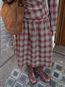 Women's Elegant Red Plaid Woven Maxi Dress - Red - View 6