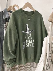 1 pieza Sudadera de cuello redondo para mujer, estampado de escoba de bruja de Halloween, estilo vintage divertido, adecuado para campus, citas, viajes y actividades de Halloween casual - Verde Oliva - Ver 5