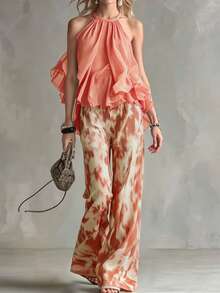 Setelan Dua Potong Wanita Musim Panas Bahan Chiffon, Atasan Tanpa Lengan Leher Halter dengan Bahu Terbuka dan Celana Panjang Motif Tie-Dye, Desain Ruffle Dua Lapis yang Elegan - Coral Orange - View 1