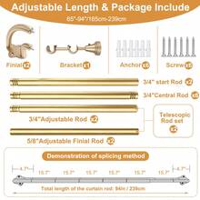 Black Double Curtain Rod, 32 To 58 Inches, Blackout Wrap-Around Curtain Rod For Windows, 0.75 Inch Room Blackout Telescopic Double Curtain Rod, Easy To Install Adjustable Heavy Duty Curved Splice Room Blackout Double Rod, All Metal Material, Aluminum Bracket - Double-layer Sunshade - Gold - View 14