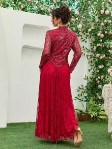 JINLICX Burgundy High Neck Beaded Sequin Maxi Dress Luxury Mesh Formal Evening Gown For Wedding Banquet & Ramadan - Red - View 5
