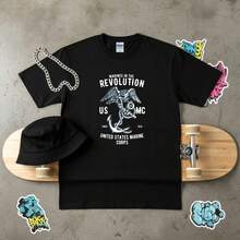 US Graphic T-Shirt 100% Cotton 180 G/M² Crew Neck Breathable Regular Fit Summer - 黑色 - 查看 3